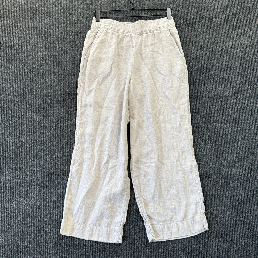 Tahari Linen Pants Womens M Medium Beige Wide Leg Cropped Pull On Elastic Waist